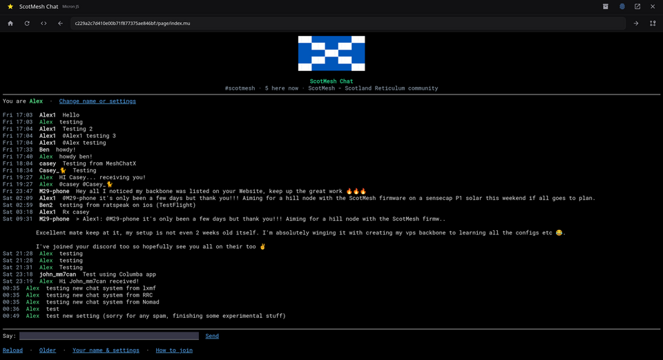 The ScotMesh chat page open in MeshChatX's NomadNet browser, with the saltire banner, recent messages and a box to post.